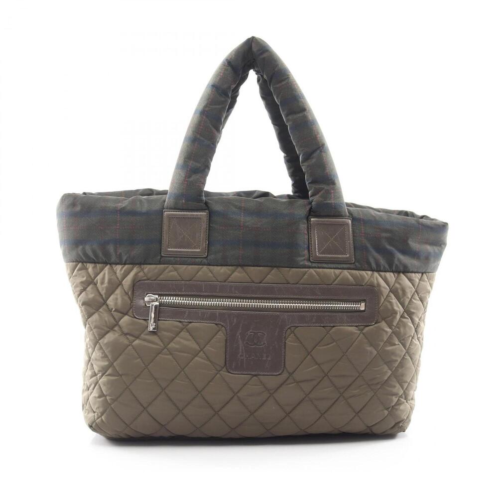 Chanel Coco Cocoon MM Check Tote Bag Handbag Nylon Leather Women's Khaki Mult...